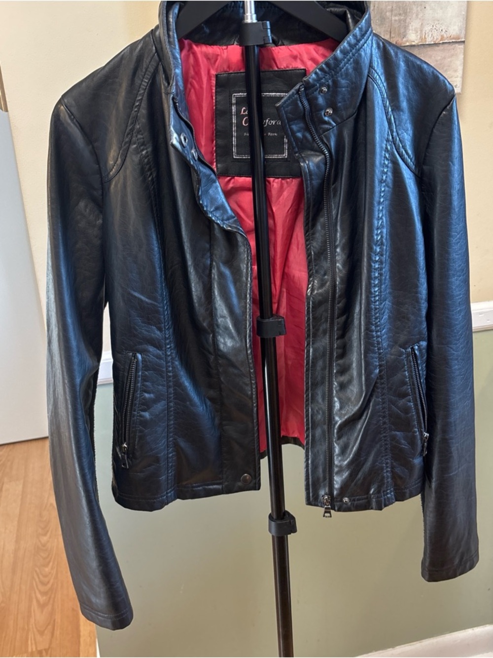 Land Crawford Black Faux Leather Jacket with Red Lining